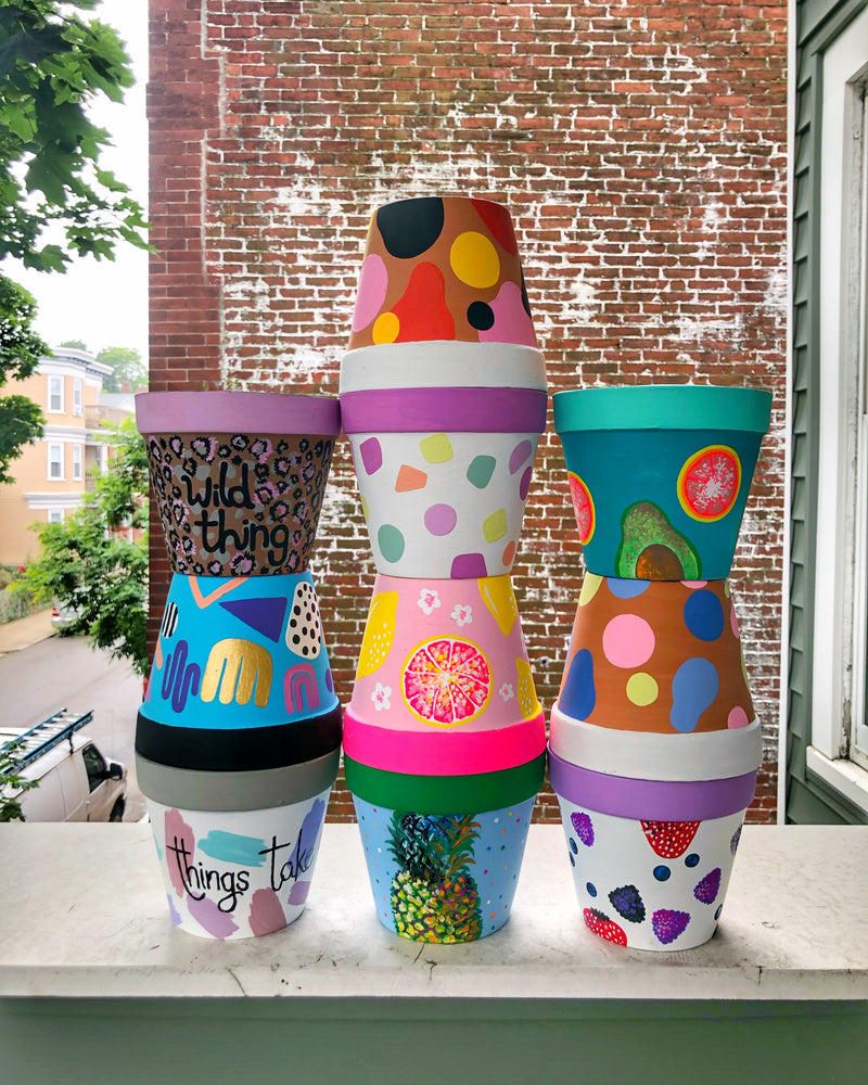 Erica Goldstein, founder of The Blank Canvas Company, created handmade painted terracotta planters in many bold and bright designs and patterns.