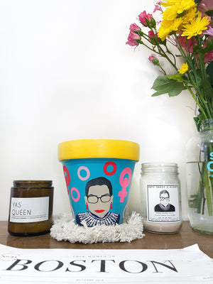 My “RBG" planter is inspired by the queen of the court - Miss Ruth Bader Ginsburg (may this goddess rest in peace). It's meant to pair the courage + the boldness of this strong female lead who has paved the way towards female empowerment.