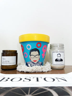 My “RBG" planter is inspired by the queen of the court - Miss Ruth Bader Ginsburg (may this goddess rest in peace). It's meant to pair the courage + the boldness of this strong female lead who has paved the way towards female empowerment.
