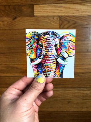 My “Rainbow Elephant” original sticker is a colorful, vibrant and bold addition to your water bottle, laptop, cooler, or notebook. I hope it brings good vibes, positivity, and a pop of color to your workspace.