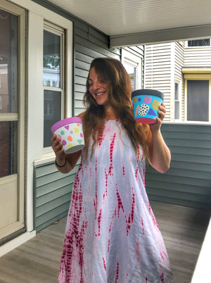 My “90’s Kid" hand painted terracotta planter was inspired by some of my favorite colors and patterns from the 1990’s. Raise your hand if you binge watched Rugrats, ate too many fruit roll ups and wore all the denim!