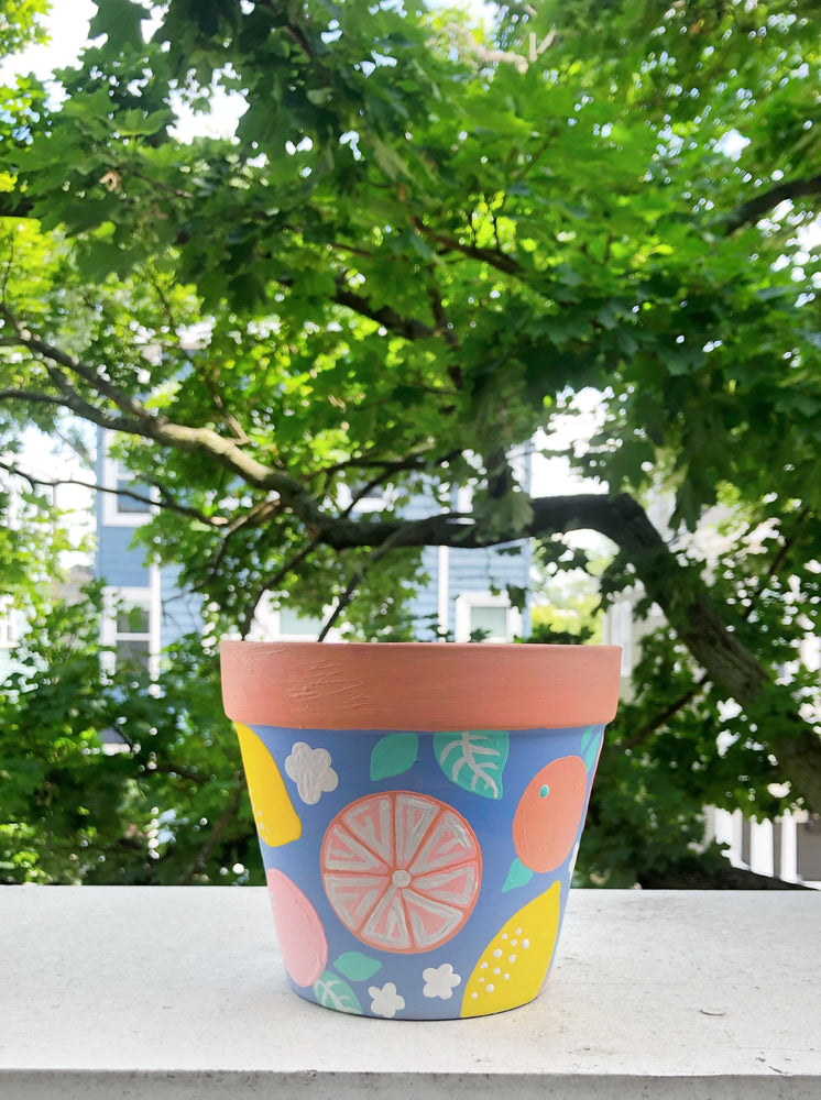 
                
                    Load image into Gallery viewer, My “Citrus Fruits&amp;quot; hand painted terracotta planter embodies pastel funk in the form of fruits. This is my best selling planter!
                
            