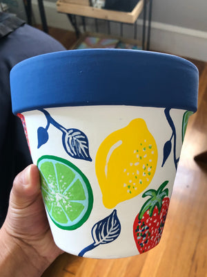 My “Primary Fruits" hand painted terracotta planter pairs all of my favorite primary colors into one bold planter.