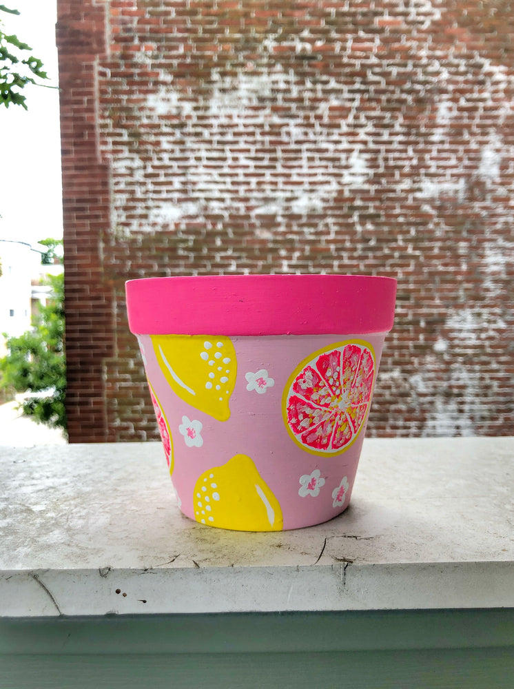 
                
                    Load image into Gallery viewer, My “Lemon Grapefruit&amp;quot; hand painted terracotta planter is the most feminine of my fruit planters. It&amp;#39;s vibrant, fierce and flawless - just like you!
                
            