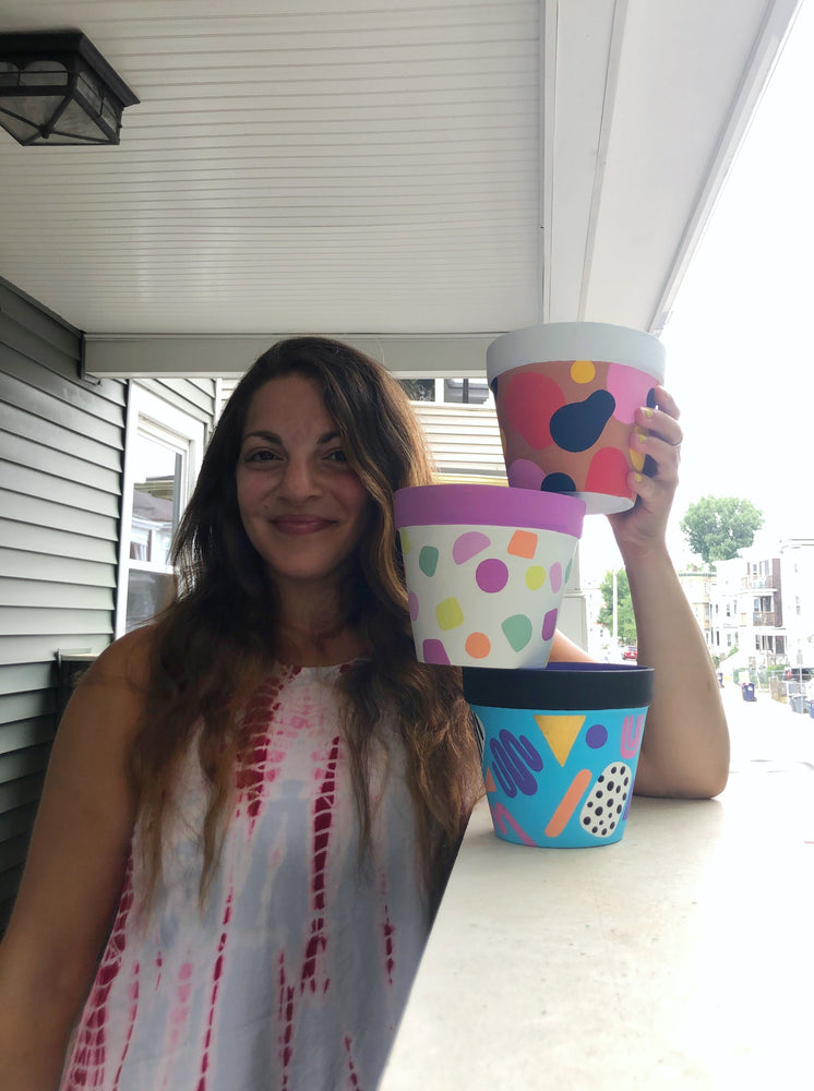 My “90’s Kid" hand painted terracotta planter was inspired by some of my favorite colors and patterns from the 1990’s. Raise your hand if you binge watched Rugrats, ate too many fruit roll ups and wore all the denim!