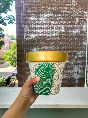 My "Gold Leaf" hand painted terracotta planter is my classiest planter! The gold trim and geometric detail makes this palm planter extra feminine.