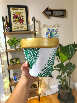 My "Gold Leaf" hand painted terracotta planter is my classiest planter! The gold trim and geometric detail makes this palm planter extra feminine.
