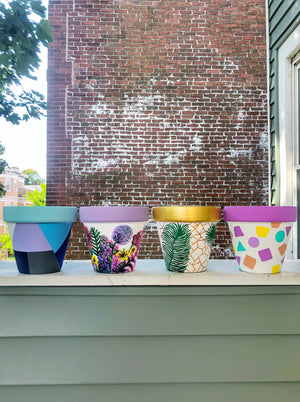 The Blank Canvas Company's hand painted "Blue & Gray Geometric" terracotta planter is a mix of modern chic + funky fresh. These cool tones will bring a sense of calm to your space.