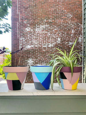 
                
                    Load image into Gallery viewer, The Blank Canvas Company&amp;#39;s hand painted &amp;quot;Blue &amp;amp; Gray Geometric&amp;quot; terracotta planter is a mix of modern chic + funky fresh. These cool tones will bring a sense of calm to your space.
                
            