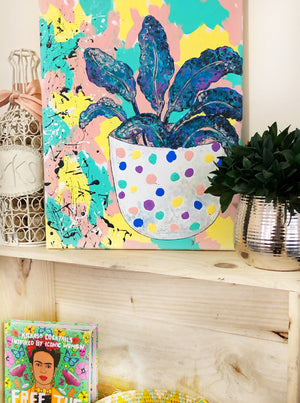 The “Polka Dot Planter” 12"x15" original canvas is a statement piece that brings calming vibes and greenery to your entertaining space, whether that be your living room, dining room or second bedroom.