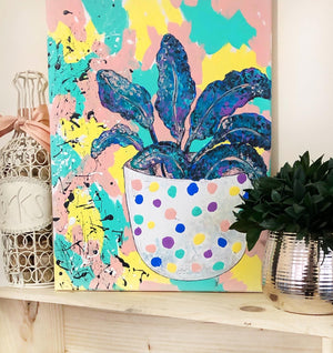 The “Polka Dot Planter” 12"x15" original canvas is a statement piece that brings calming vibes and greenery to your entertaining space, whether that be your living room, dining room or second bedroom.