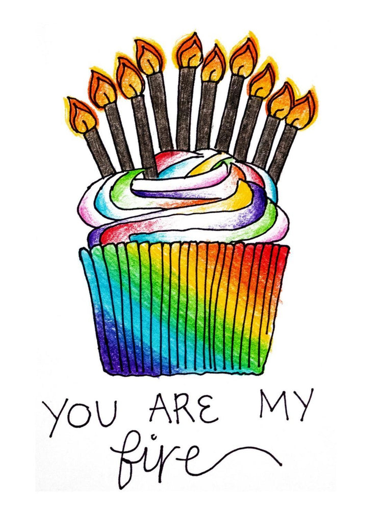 My “You Are My Fire” greeting card is a punny handmade + hand-illustrated design meant to bring a smile to your recipient's face! This illustration shows a colorful rainbow cupcake with birthday candles and my favorite Backstreet Boys lyric: You are my fire!