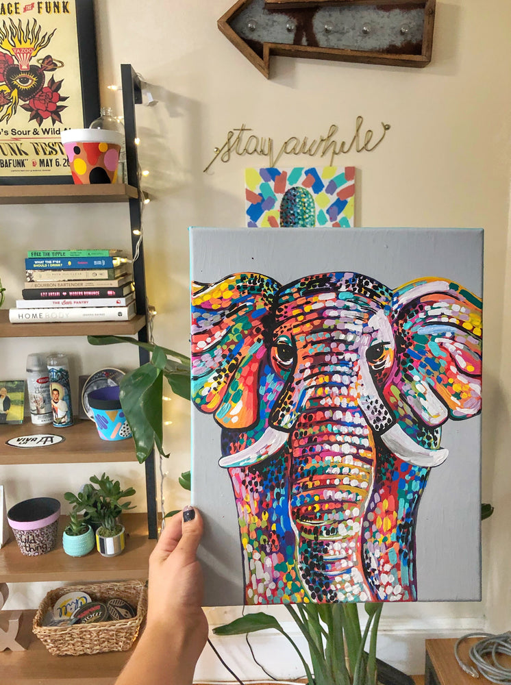 
                
                    Load image into Gallery viewer, My “Rainbow Elephant” original canvas is colorful, vibrant and bold. I hope it brings good vibes, positivity, and a pop of color to your living space. Available in 8&amp;quot;x10&amp;quot; or 11&amp;quot;x14&amp;quot;.
                
            