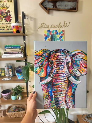 My “Rainbow Elephant” original canvas is colorful, vibrant and bold. I hope it brings good vibes, positivity, and a pop of color to your living space. Available in 8"x10" or 11"x14".