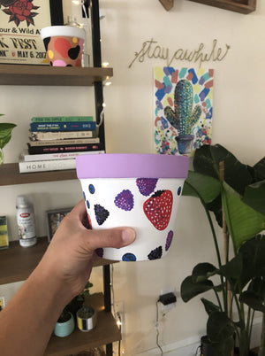 My “Berry Blast" hand painted terracotta planter features my favorite fruits - blueberries and raspberries. It's a great place to plant a little basil tree for summer salads!