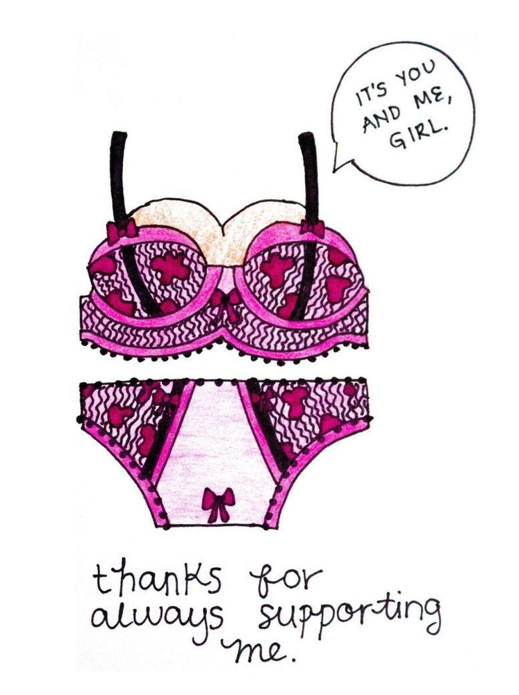 
                
                    Load image into Gallery viewer, My “Support Me” thank you card is a punny handmade + hand-illustrated design meant to bring a smile to your boss babe&amp;#39;s face. This is a handmade greeting card with a picture of a bar holding up boobs that says &amp;quot;Thanks for always supporting me. We&amp;#39;re a great pair.&amp;quot;
                
            