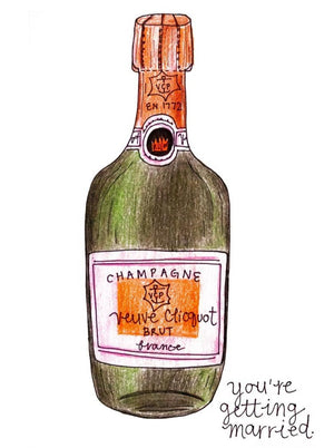 My “Pop The Champagne” wedding card is a punny handmade + hand-illustrated design meant to bring a celebratory smile to your newly engaged or married friend! Handmade greeting card with a picture of Veuve Clicquot bruit champagne that say's "You're Getting Married."